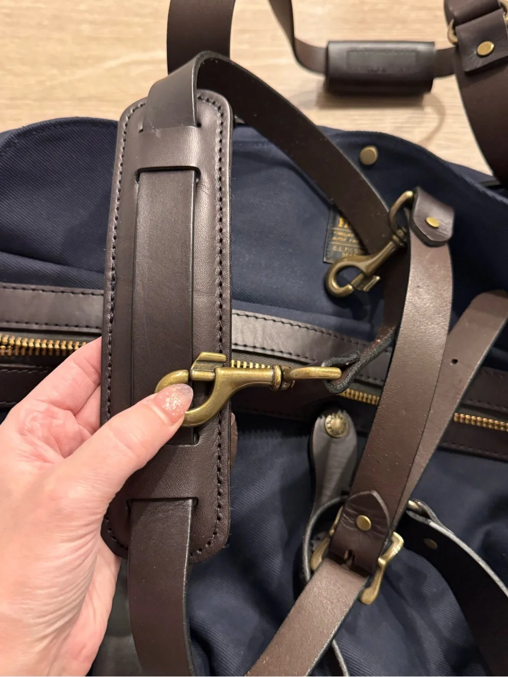 Filson Navy Rugged Twill Medium Duffel with Dark Brown Leather Straps